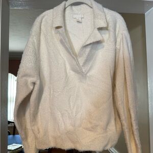H&M Cream V-Neck Fuzzy Pullover Sweater